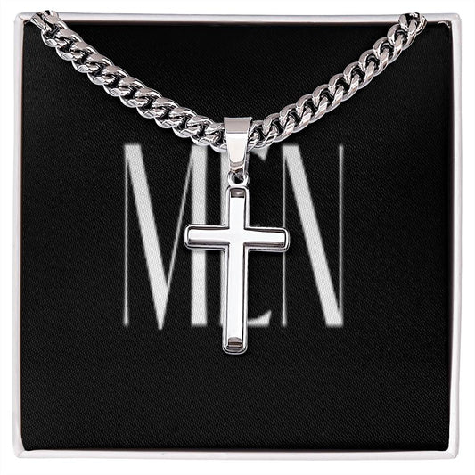 Stainless Steel Cross Necklace on Cuban Chain- Shop Now!- Sacred Style-Gift for Him